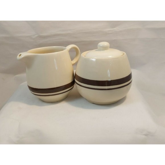 Vintage McCoy CREAMER & SUGAR BOWL w/Lid Set Brown Stripes,1970s, 1 Owner - Picture 8 of 8
